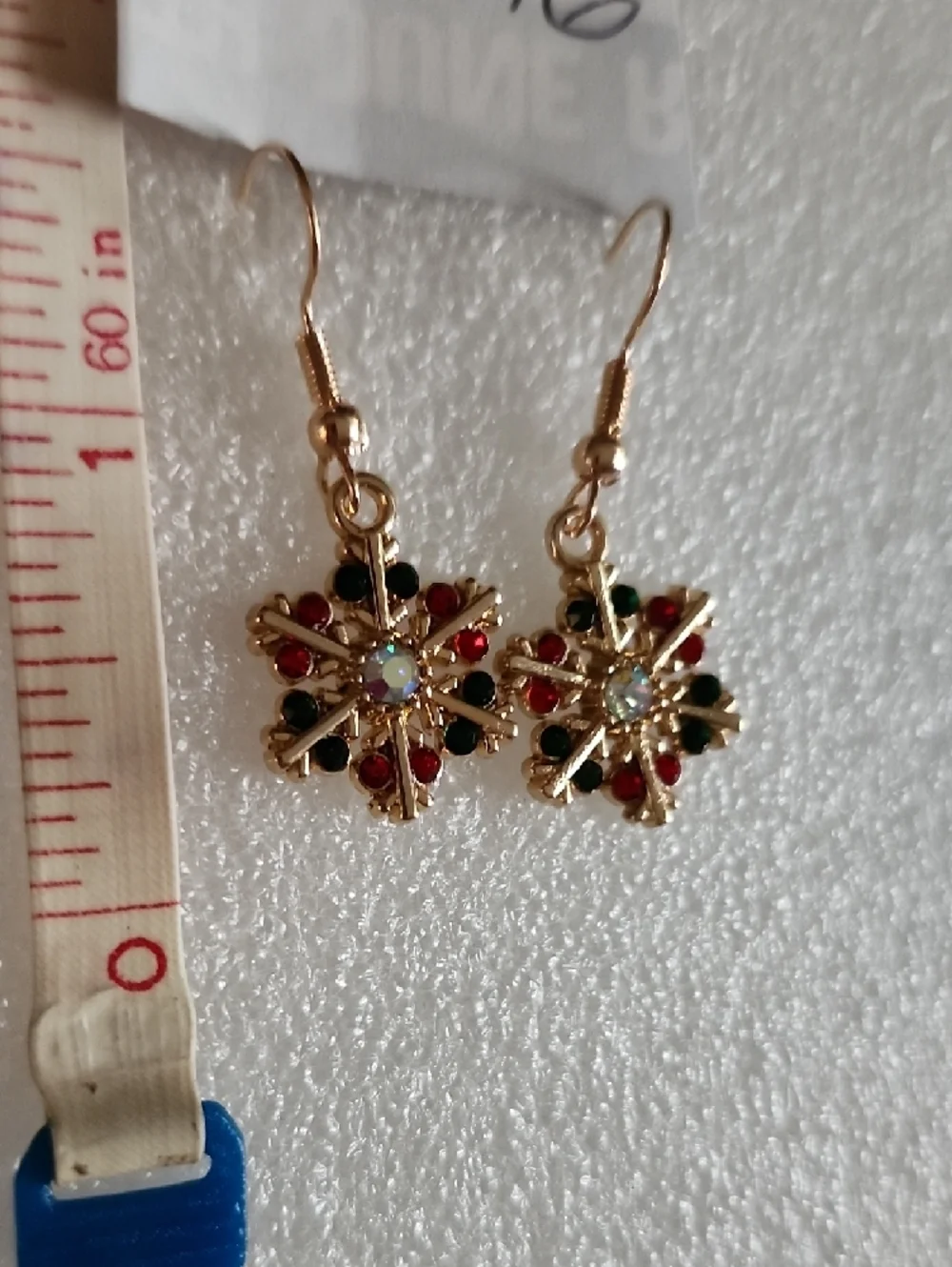 Hand Crafted Gold Snowflake Earrings with Red and Green Crystals